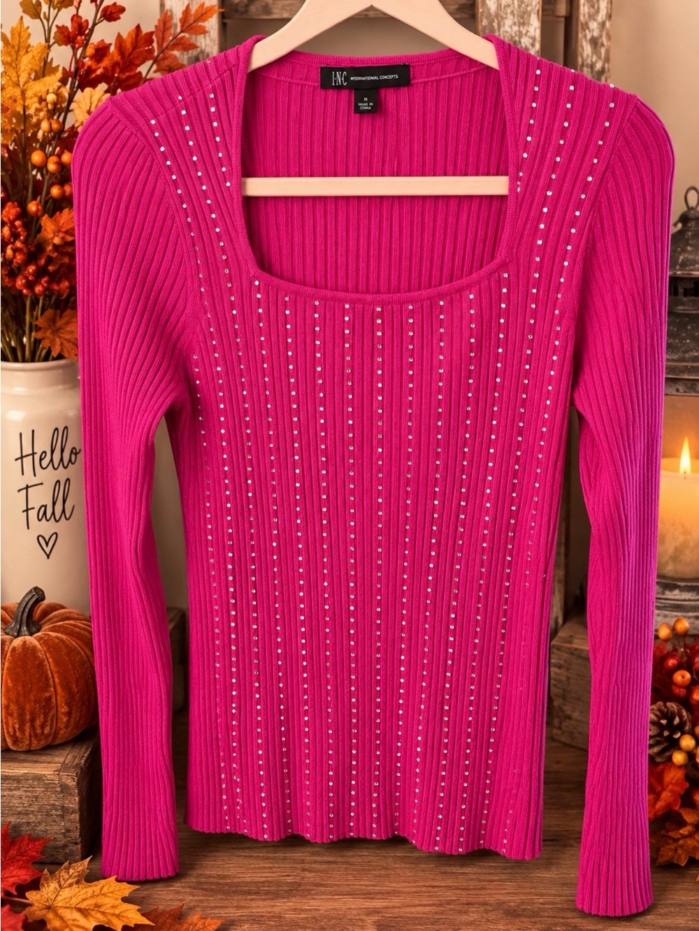 INC International Concepts Fuchsia Ribbed Long-Sleeve Top with Rhinestones